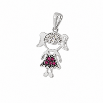 Pingente menina vestido zirconia vermelho e cabelo zirconia cristal, prata. 361706