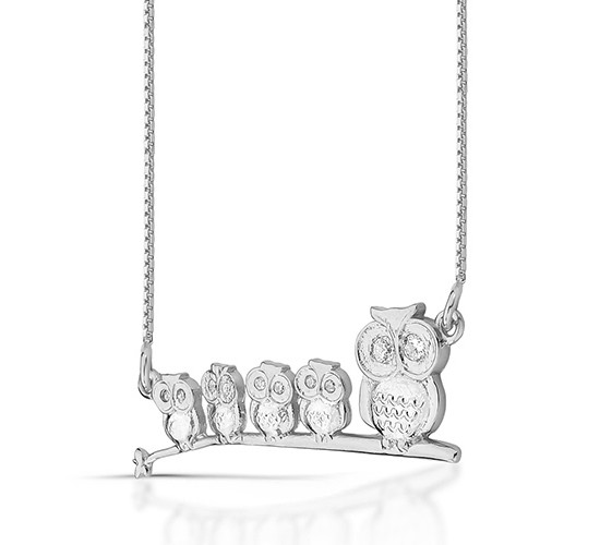Colar mae coruja com 4 filhos zirconia cristal, 6x28mm, Prata. 361714