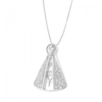 Colar Nossa Senhora Aparecida vazada com terco zirconia cristal, 19x14mm, Prata. 361716