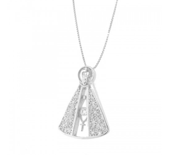 Colar Nossa Senhora Aparecida vazada com terco zirconia cristal, 19x14mm, Prata. 361716