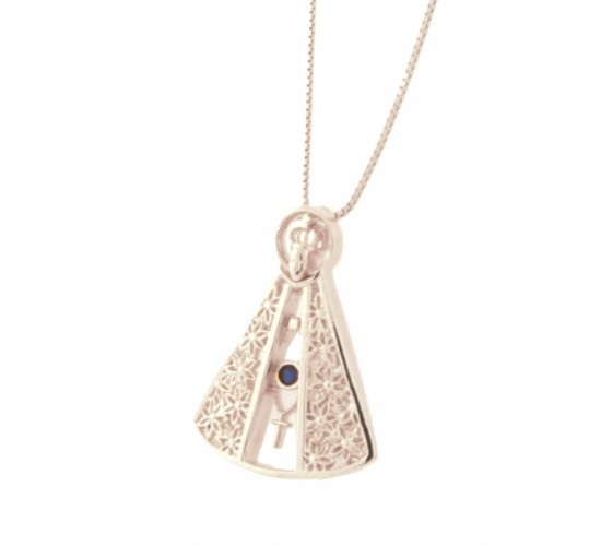 Colar Nossa Senhora Aparecida vazada com terco zirconia azul, 19x14mm, Prata. 361717