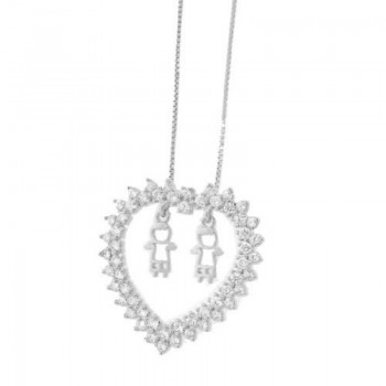 Colar coracao zirconia cristal com 2 meninos, 18x18mm, Prata. 361719