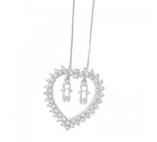 Colar coracao zirconia cristal com 2 meninos, 18x18mm, Prata. 361719
