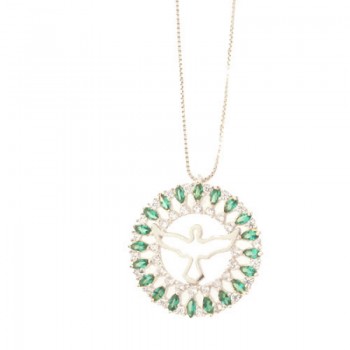 Colar divino com aro redondo navete verde paraiba e zirconia cristal, Prata. 361805