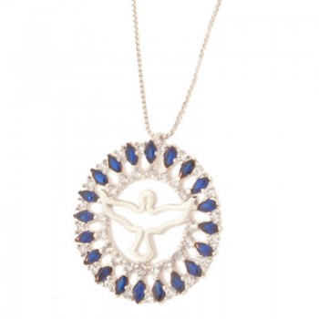 Colar divino com aro redondo navete azul safira e zirconia cristal, Prata. 361806