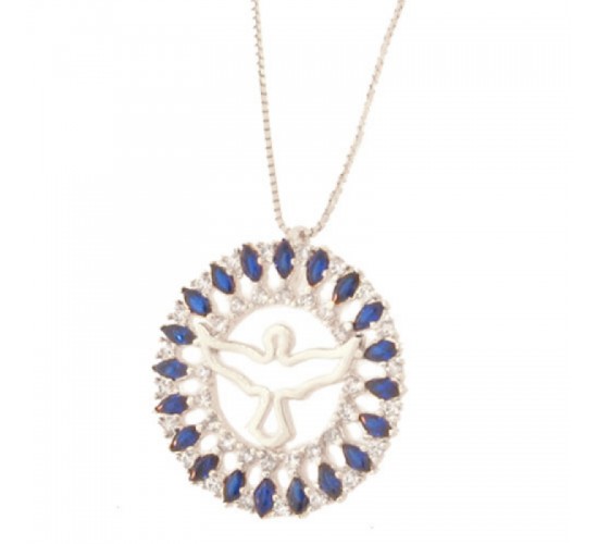 Colar divino com aro redondo navete azul safira e zirconia cristal, Prata. 361806