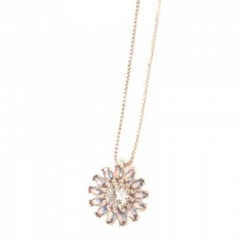 Colar flor com petalas navete azul claro e miolo zirconia cristal, 6mm, Prata. 361825 Colar flor com petalas navete azul claro e miolo zirconia cristal, 6mm, Prata. 361825