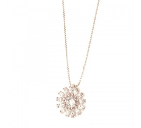 Colar flor com petalas navete cristal e miolo zirconia cristal, 6mm, Prata. 361826