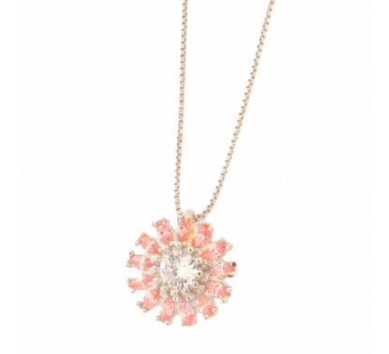 Colar flor com petalas navete rosa claro e miolo zirconia cristal, Prata. 361827