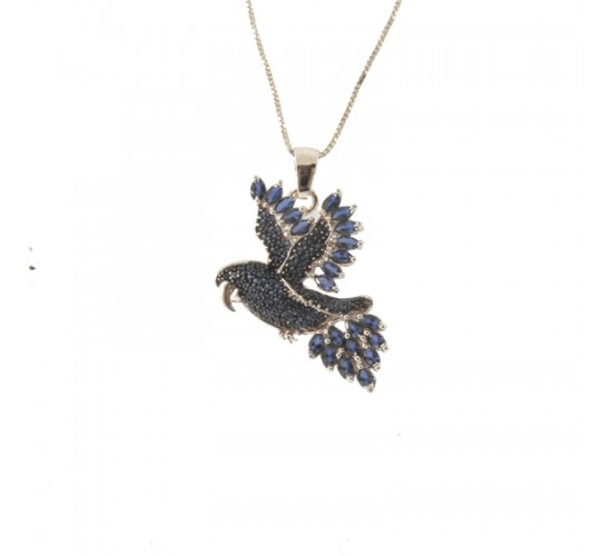 Colar arara zirconia azul safira, 26x14mm, Prata. 361836