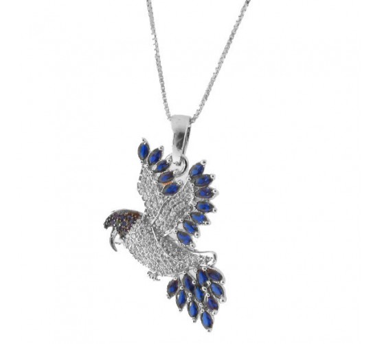 Colar arara zirconia cristal com navete azul e cabeca zirconia azul, 26x14mm, Prata. 361840