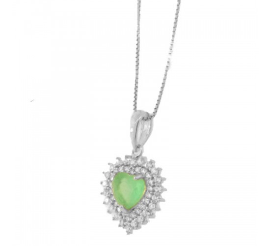 Colar coracao pedra maior verde com zirconia cristal em volta, 10x7mm, Prata. 361845