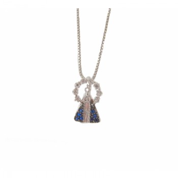 Colar Nossa Senhora Aparecida pequena com manto zirconia azul e aura zirconia cristal, 6x2mm, Prata 361847