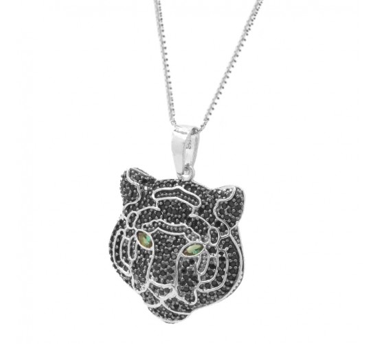 Colar tigre zirconia negra com olhos navete verde esmeralda, Prata. 361851