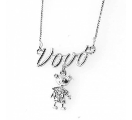 Colar vovo com menina pendurada zirconia rosa, 19x16mm, Prata. 361861