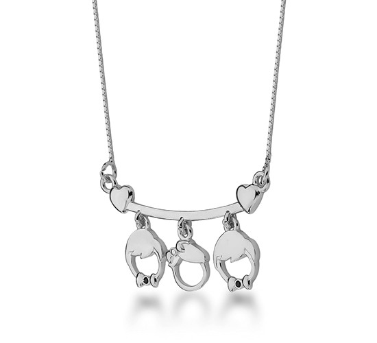 Colar canga com 3 filhos pendurados, menino zirconia azul e menina cristal, 11x25mm, Prata. 361901
