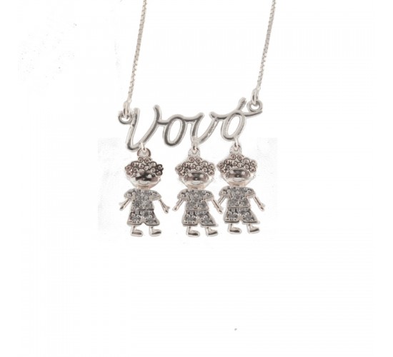 Colar vovo com 3 meninos pendurados, Prata. 361907
