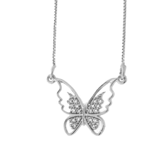 Colar borboleta vazada com zirconia cristal nas asas, 9x14mm, Prata. 361947
