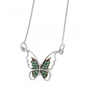 Colar borboleta vazada com zirconia verde paraiba nas asas, 9x14mm, Prata. 361949
