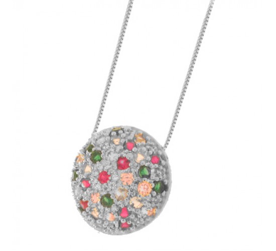 Colar chuveiro redondo grande zirconia colorida. 12mm, prata. 361968