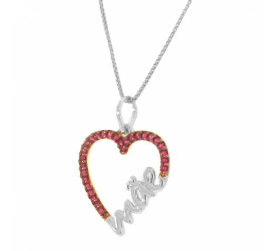 Colar coracao mae zirconia vermelha, 13x12mm, Prata. 361987