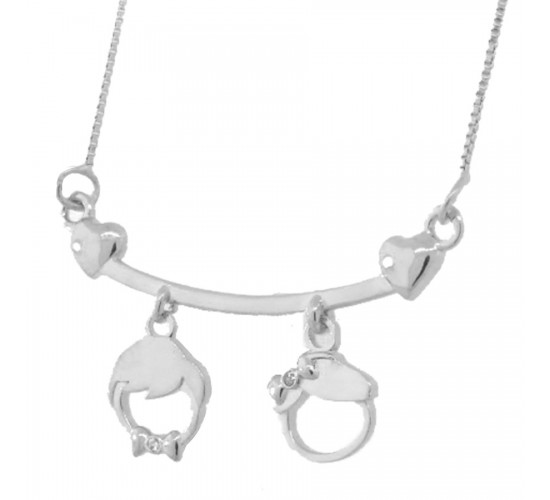 Colar canga com casal pendurado com detalhe zirconia cristal, 11x25mm, Prata. 361988