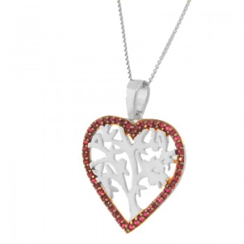 Colar coracao zirconia vermelha com arvore da vida dentro, 16x16mm, Prata.  362008