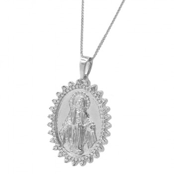 Colar medalha oval fosca Nossa Senhora das Gracas com zirconia cristal em volta, 21x15mm, Prata. 362019
