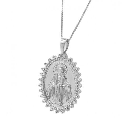 Colar medalha oval fosca Nossa Senhora das Gracas com zirconia cristal em volta, 21x15mm, Prata. 362019