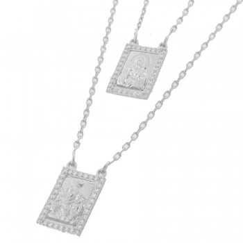Escapulario retangular Nossa Senhora do Carmo com zirconia cristal em volta, 10x6mm, Prata. 362020