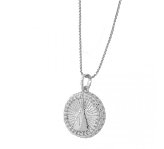 Colar medalha redonda Nossa Senhora Aparecida zirconia branca em volta, corrente 45cm, 9x9mm, Prata.  3620410