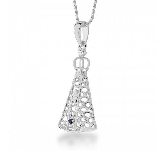 Colar Nossa Senhora Aparecida manto vazado e 1 zirconia azul safira, corrente 45cm, 24x12.5mm, Prata 3620642