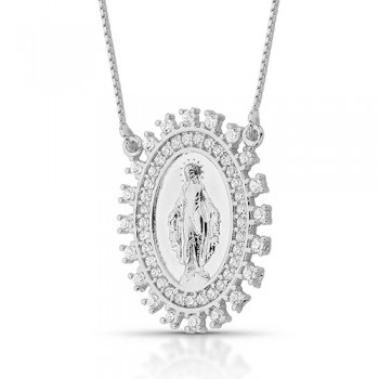 Colar medalha oval Nossa Senhora das Graças zirconia cristal em volta, Prata. 3620660