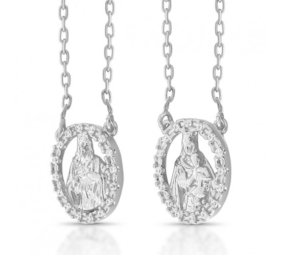 Escapulario Nossa Senhora do Carmo oval vazado, com zirconia cristal, corrente cadeado 60cm, Prata. 3620740