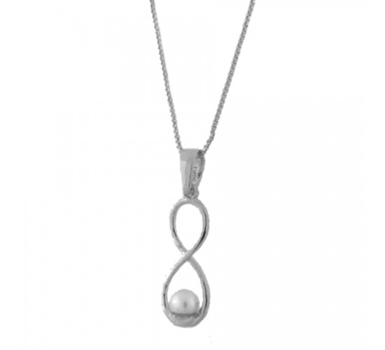 Colar infinito liso com perola, 16x2mm, Prata. 363000