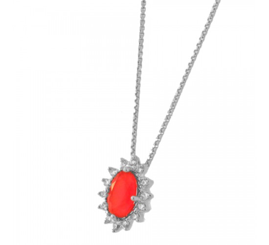 Colar pedra maior oval vermelho rubi, zirconia cristal em volta. 6x3mm, prata. 3630049