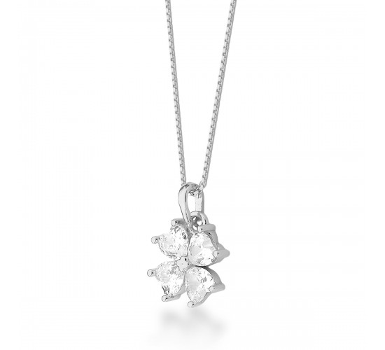 Colar trevo coracao transparente, corrente 45cm. 6x5mm, prata. 3635340