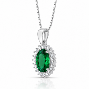 Colar oval verde esmeralda 17mm com zirconia cristal em volta, prata. 3635598
