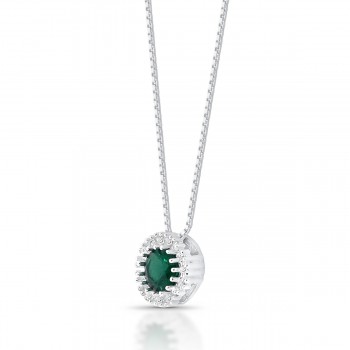 Colar chuveiro redondo pedra maior zirconia verde esmeralda aro com zirconia cristal em volta, prata. 3630098