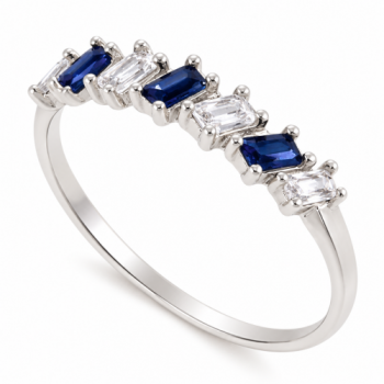 Anel meia alianca 7 baguetes intercalado azul safira e cristal, prata. 340028