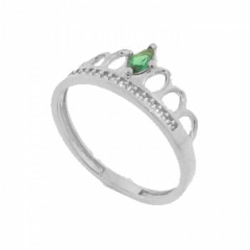 Anel coroa navete verde esmeralda e zirconia cristal, prata. 341172