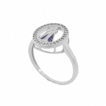 Anel aro oval zirconia cristal com Nossa Senhora Aparecida, manto zirconia azul safira, Prata. 341209