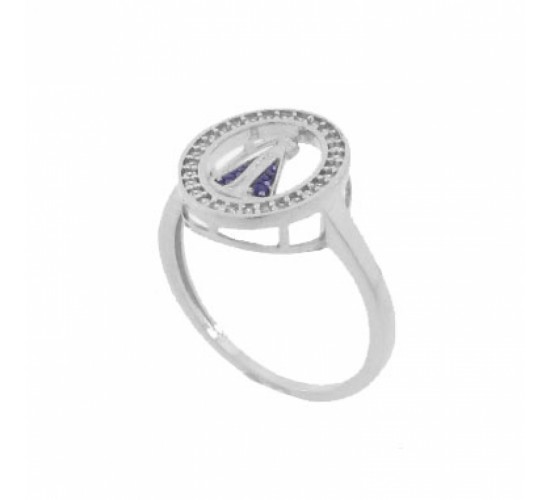 Anel aro oval zirconia cristal com Nossa Senhora Aparecida, manto zirconia azul safira, Prata. 341209