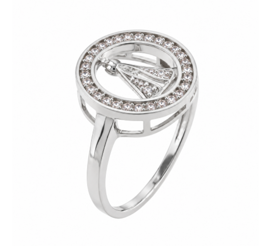 Anel aro oval zirconia cristal com Nossa Senhora Aparecida, manto zirconia cristal, prata. 341213