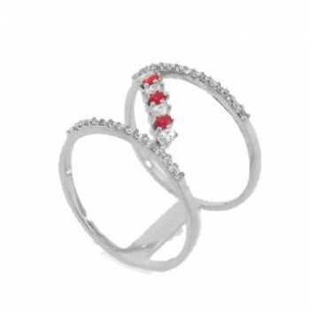 Anel fino vazado aro zirconia cristal, navete vermelha e cristal intercaldo, prata. 341351 Anel fino vazado aro zirconia cristal, navete vermelha e cristal intercaldo, prata. 341351