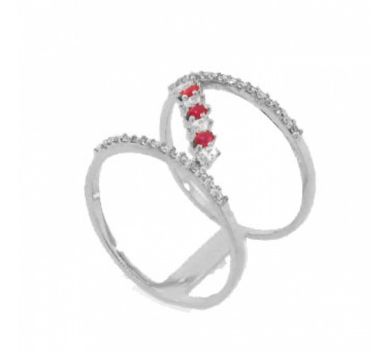 Anel fino vazado aro zirconia cristal, navete vermelha e cristal intercaldo, prata.  341351