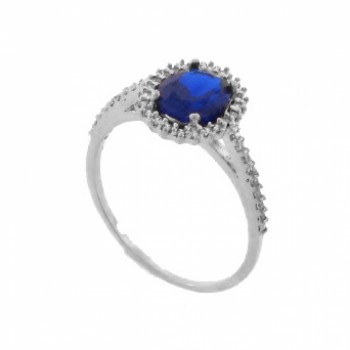 Anel oval azul safira com zirconia cristal nas laterais, prata. 341415
