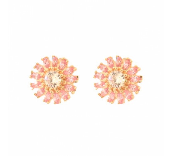 Brinco flor com petalas navete rosa claro e miolo zirconia cristal. 11.5mm. 151593