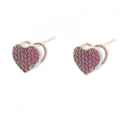 Brinco coracao chuveiro pequeno zirconia vermelha, prata. 351280