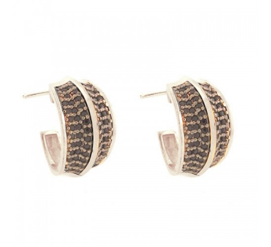 Brinco meia argola media zirconia negra filete liso no centro. 16x10mm, prata. 351384